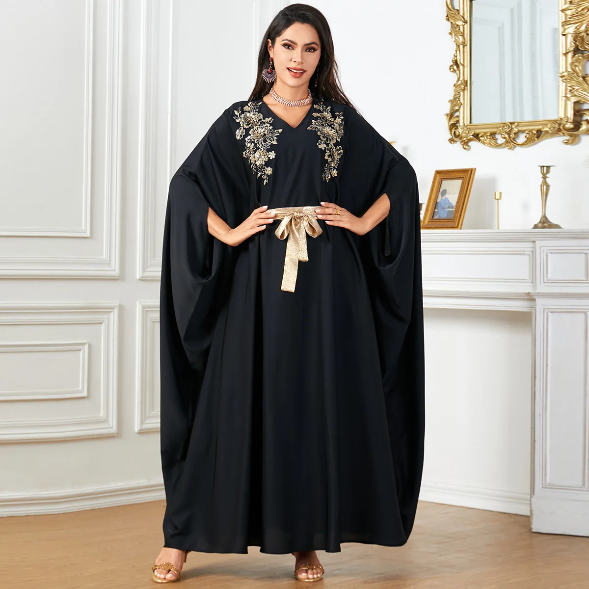 Fashion Middle East Muslim Batwing Sleeve Floral Embroidery Loose Long Dresses Arabian Moroccan Women Evening Party Elegant Robe