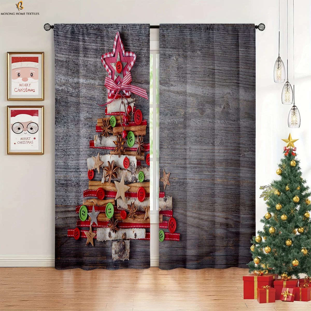 Christmas Tree Snowflake Cartoon Print Curtains Retro Classic Decorative Curtains Bedroom Restaurant Party Decorative Curtains