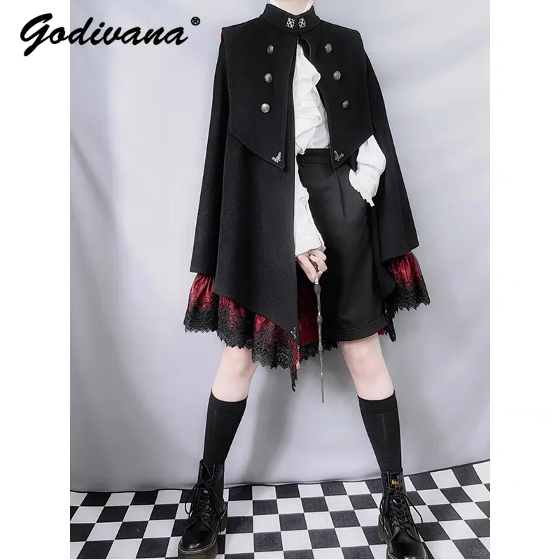 Nowa Jesienna Gotycka Ciemna Czarna Peleryna Kurtka Halloween Cosplay Punk Styl Damskie Retro Poncho Falbany Koszula Bluzki z Długim Rękawem
