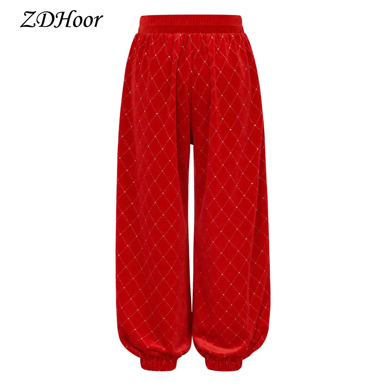 Girls Diamond Grid Rhinestone Velvet Pants Elastic Cuff Loose Harem Baggy Trousers Metallic Rhombus Christmas Costume Bottoms
