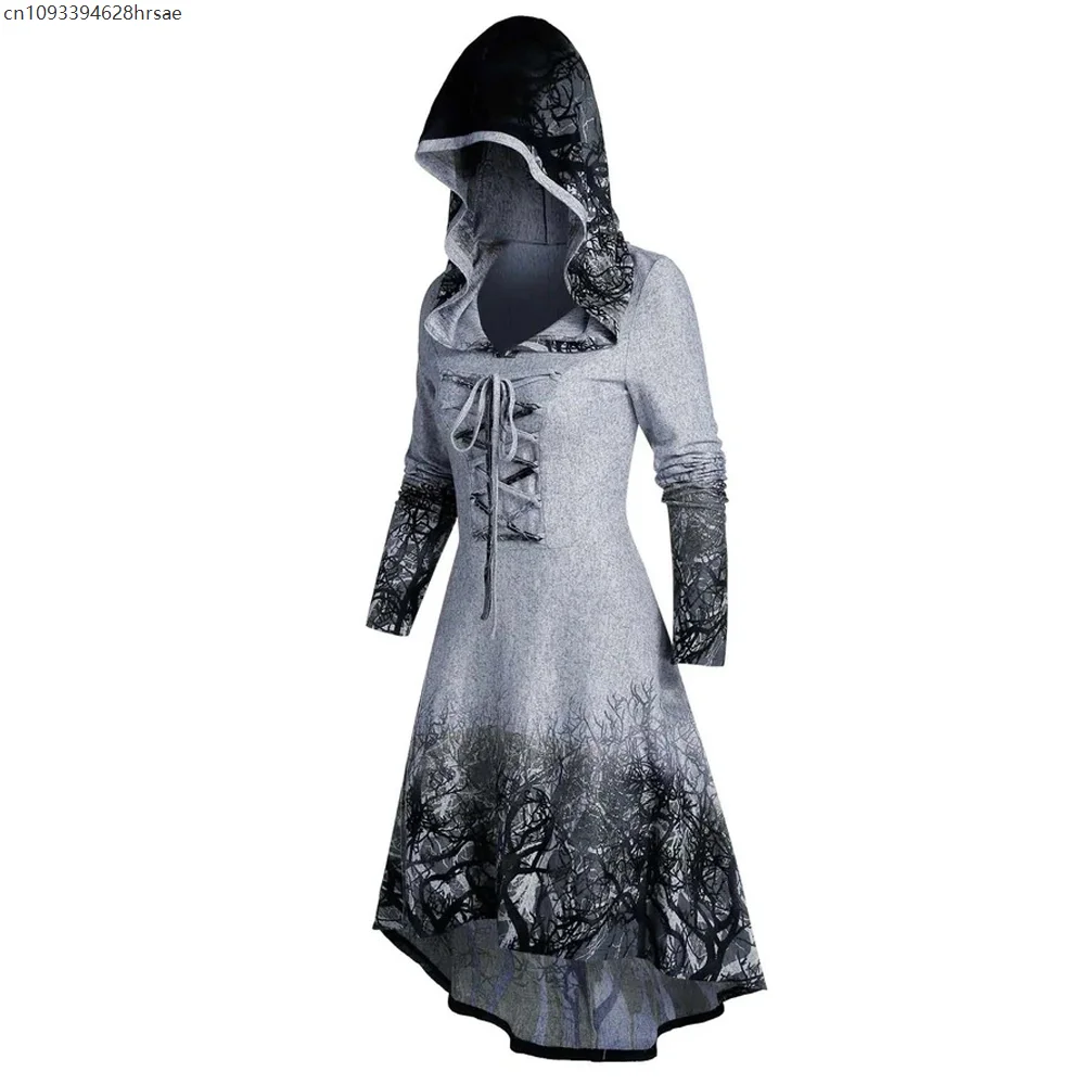 

Gothic Women Dress Tree Root Print Hooded Lace-Up High Low Flare Dress Long Sleeve Casual Mid-Calf Party Dress Autumn Vestidos
