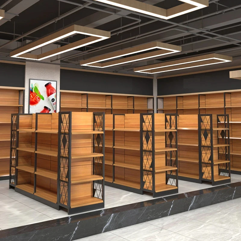 custom.Wood Grain Paint Shopping Mall Shelves Beer Beverage Grain and Oil Display Shelves Large Supermarket Shelves