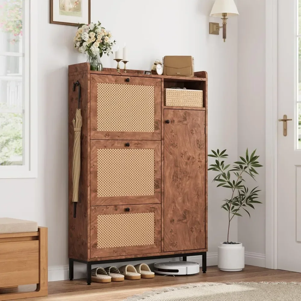 

Shoe Cabinet Rattan, with 3 Flip Drawers and 4-Tier Shoe Storage Cabinet, Freestanding Shoes Organizer w/Adjustable Shelves