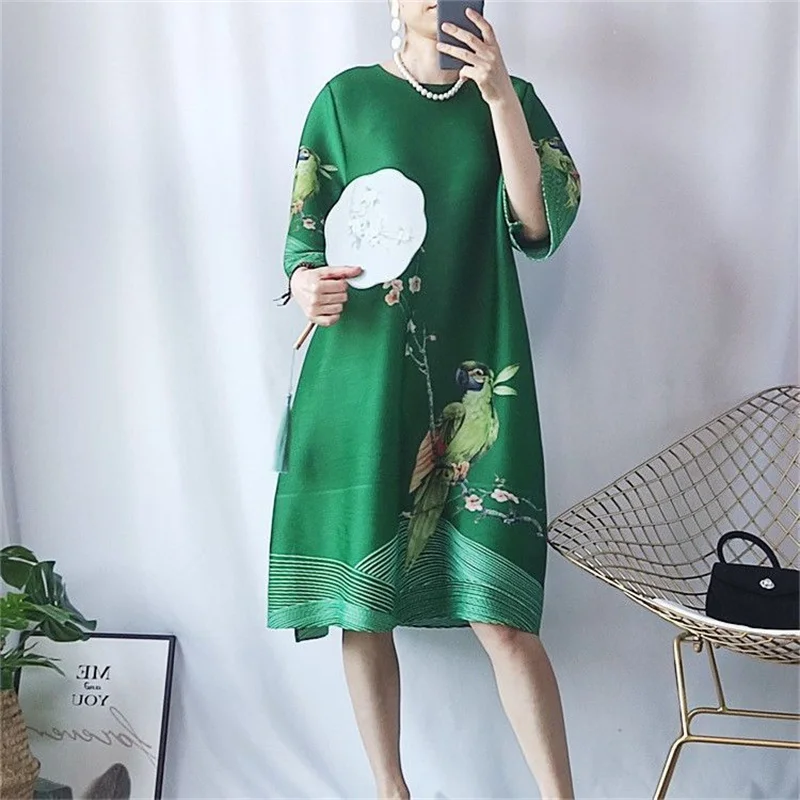 Long Dresses Evening Dresses Summer Pleated Retro Temperament Plus Size Loose Pleated Skirt Palace Flower-and-Bird Print Dress