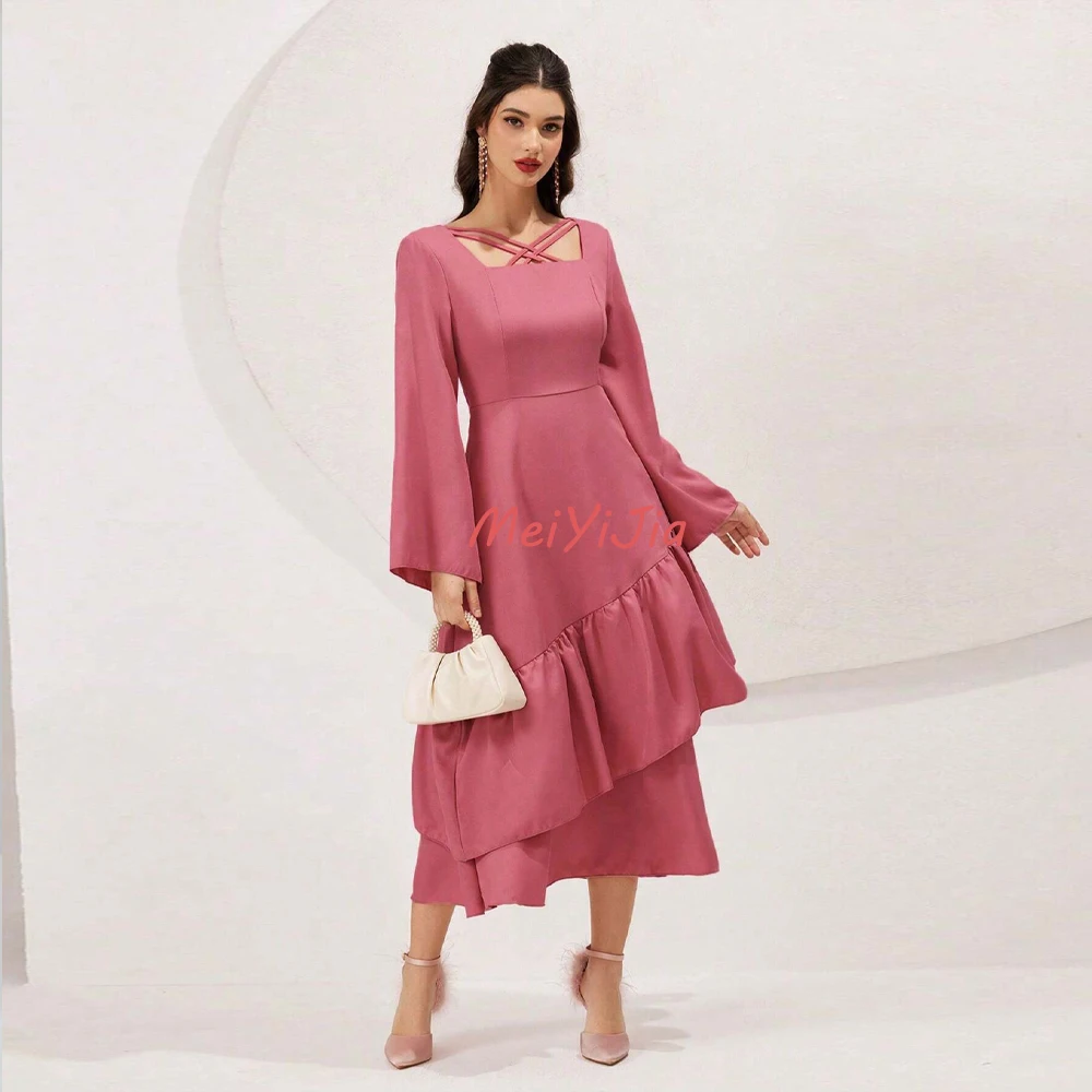 MeiYiJia Simple Square Neckline Ruffle ALine Long-Sleeves Tea-Length Saudi Arabia Sexy Evening Birthday Club Outfits Summer 2024