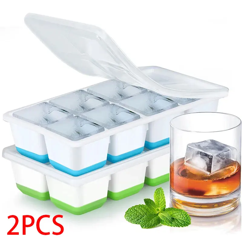 Große Eiswürfelform mit Deckel für Whiskey und Cocktails, quadratische Form, leicht zu entnehmen, flexible DIY-Eismaschine, Eiswürfelbehälter