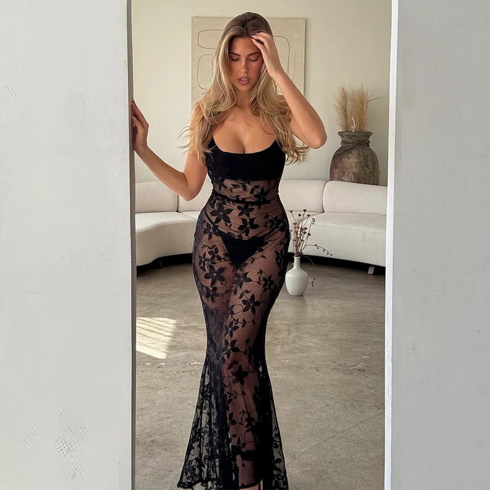 Sexy Damenkleider Spaghettiträger Mesh Sheer Slim Fit Sexy Hot Girl Kleid Spitzenmuster Perspektive Sexy Nachthemd