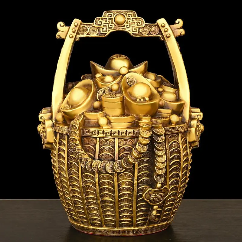 Inviting Wealth Pure Copper Bucket of Gold Ornaments Treasure Bowl Money Jar Yuanbao Ruyi Home Decor