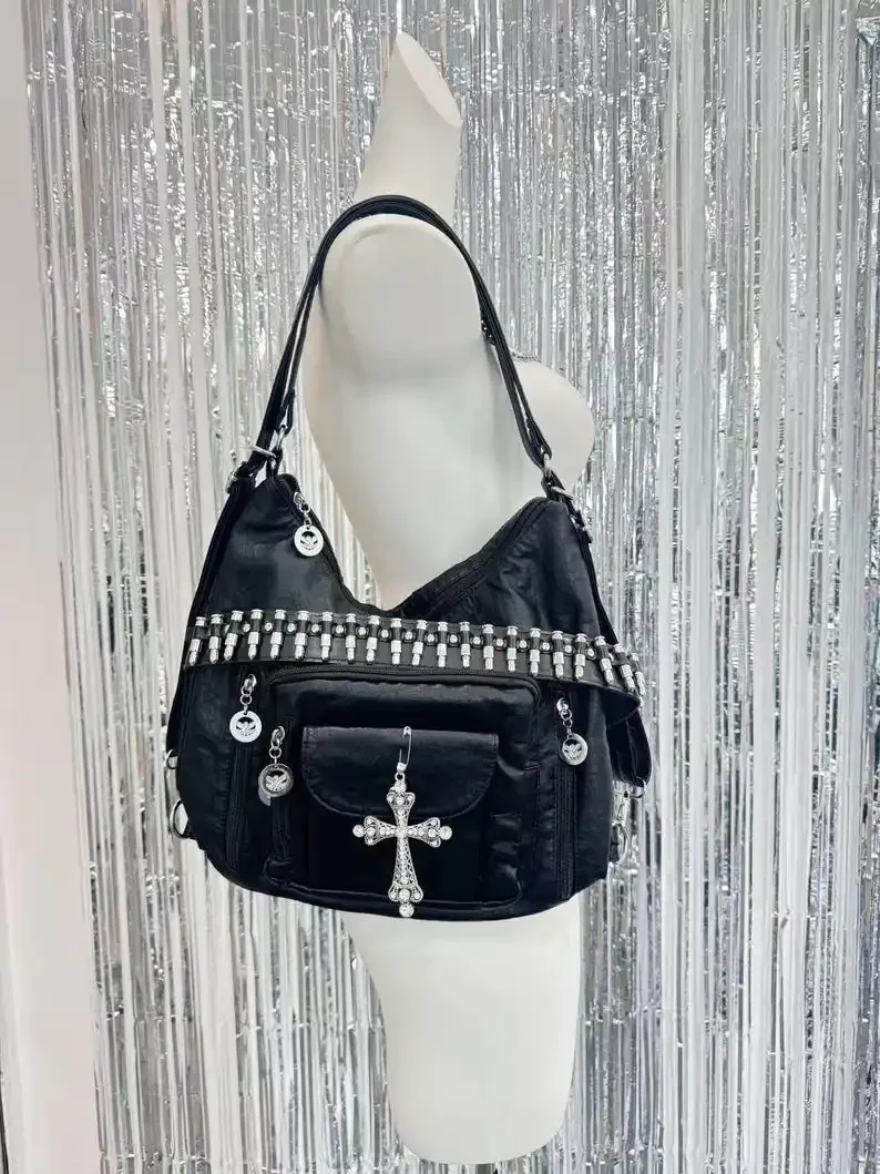 Black PU Leather Handbag with Heart-shaped Rhinestone Decoration Fashion Punk Bag Y2k Black Shoulder Bag