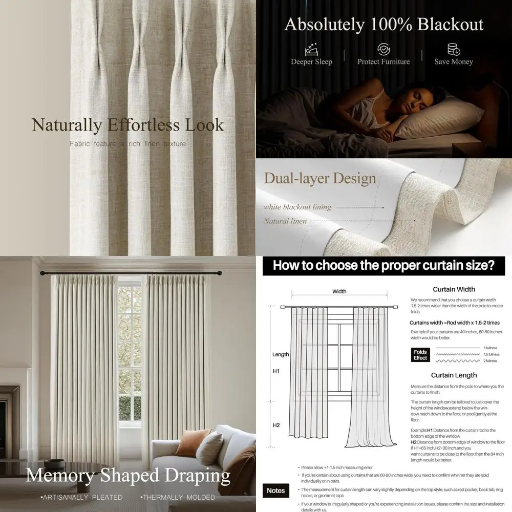 

100% Blackout Linen Curtains, 90 Natural Insulated Thermal Pleated Drapes, 2 Panels, 40Wx90L
