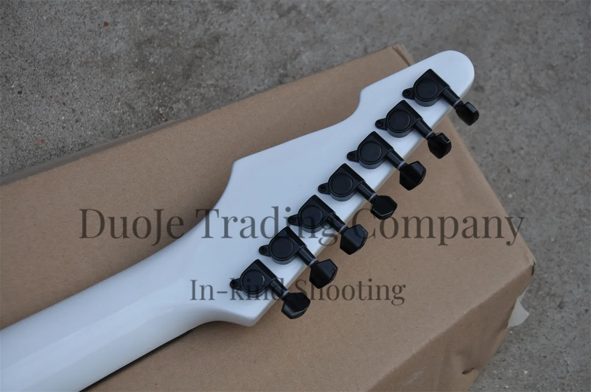 7 string electric guitar White body neck Set In body Strings Though body Black fixed bridge Ebony fingerboard support customizat