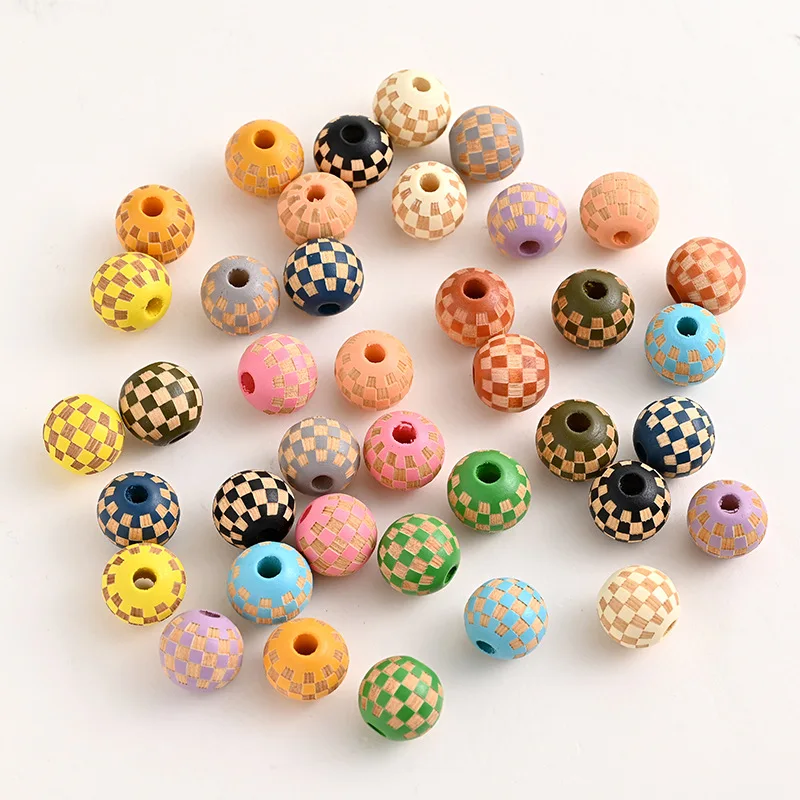 10pcs Colorful Round Checkered Wood Beads For Jewelry Handmade Making Bracelet Earring Necklace Accessories DIY Material