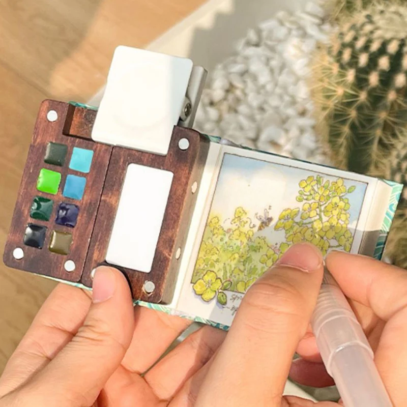 Wooden Box Watercolor Paint 8 Colors Walnut Color Mini Solid Watercolor Dispenser Paint Boxes