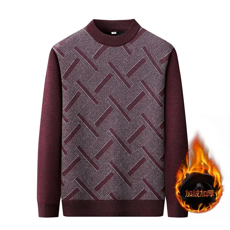 Бархатный зимний утепленный свитер для пожилых людей среднего возраста с круглым вырезом, теплый свободный низ для мужчин среднего возраста, вязаный