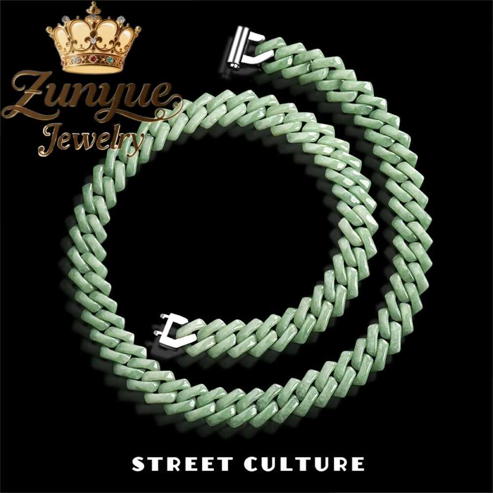 Natural A-Grade Jade Light Green Rhombus Diamond-Shaped Cuban Chain Bracelet Necklace Jadeite Titanium Steel Hip-Hop Style Trend