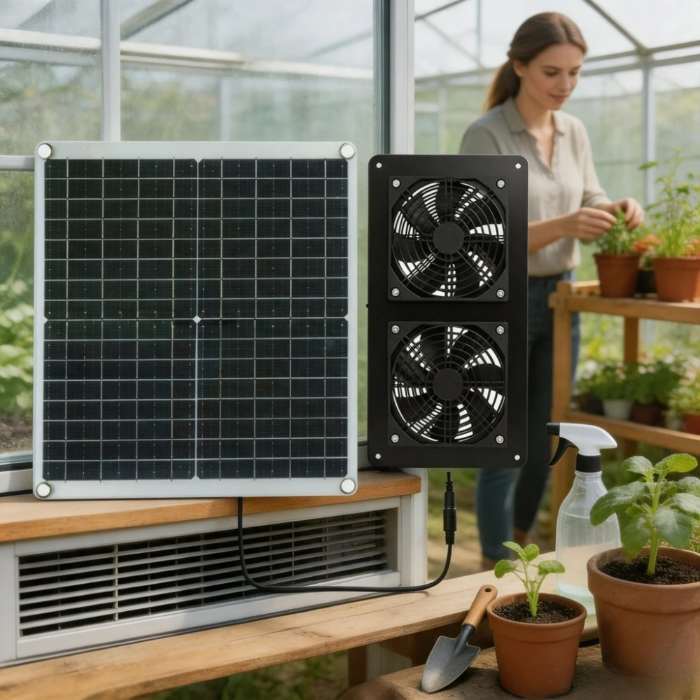 IP65 Anti Aging Dual Exhaust Solar Cooling Fan 20W 30W Monocrystalline Silicon Panel Outdoor RV Trailer Greenhouse Chicken Coop