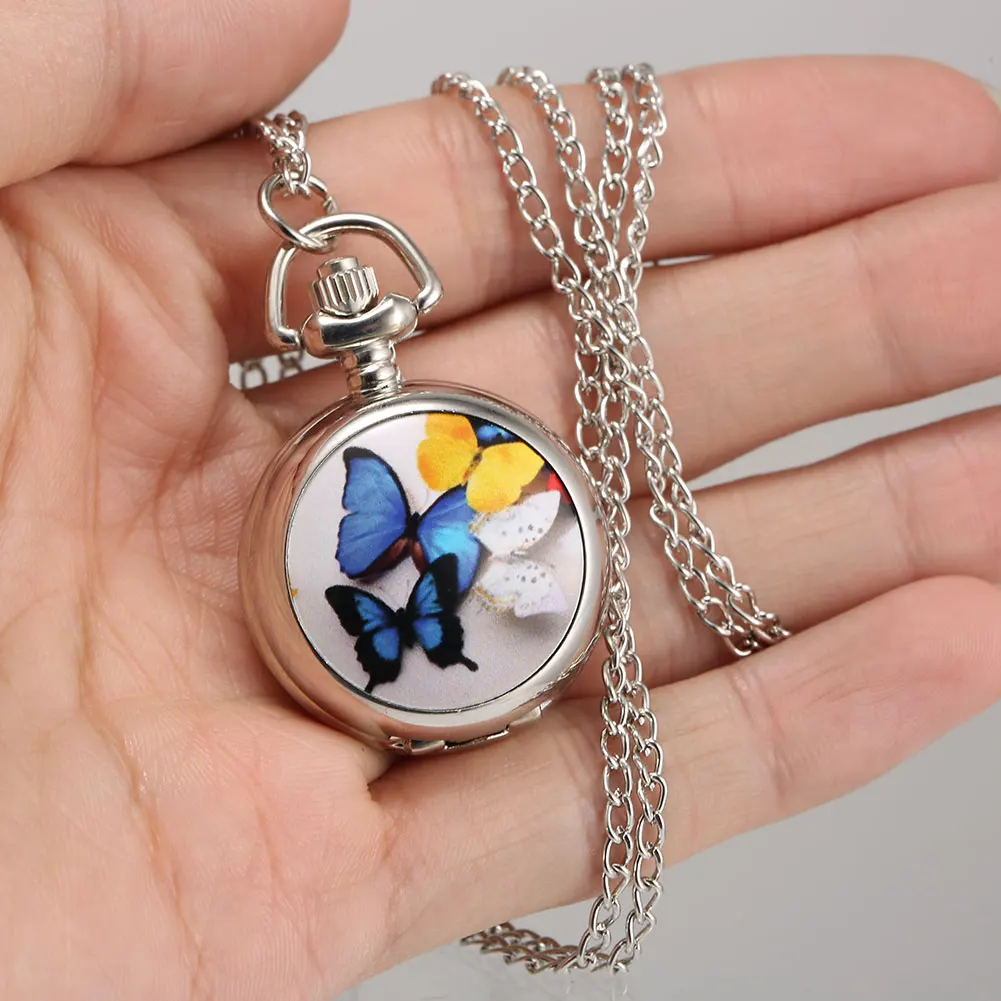 1 قطعة ساعة جيب كوارتز ريترو فضية لامعة مطبوعة مع فراشة ملونة مع سلسلة قلادة قلادة ساعة الهدايا #3
