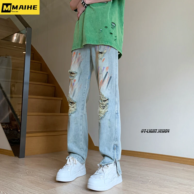 Retro y2K street wear Men's dark niche zipper graffiti ripped jeans Baggy Women's jeans pants Straight leg hip hop cotton pants