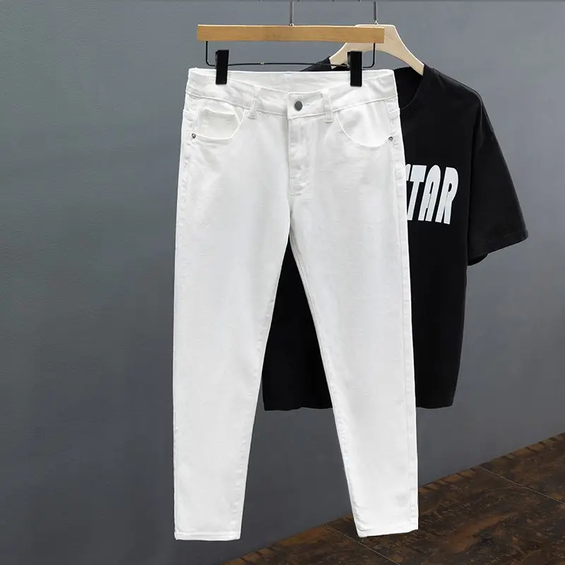 White Jeans Men's Slim Straight Ankle-length Soft Comfort Elastic Denim Trousers Fashion Korean Basic Casual Pencil Pants