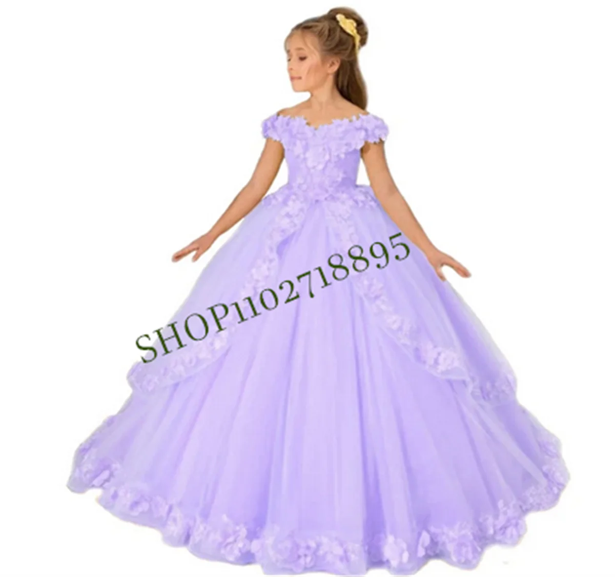 

Tulle Flower Girl Dresses For Wedding Off Shoulder Princess Pagenat Dress Long Kids 3D Applique First Holy Communion Party Gowns