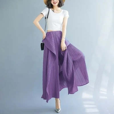 

Japanese Sle Pleated Pants Wide Leg Women's Spring Summer Original Asymmetrical Pure Color Nine Point Pants for Slimming