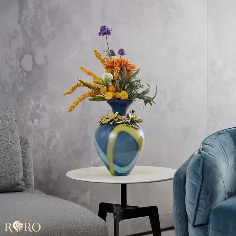 RORO Tabletop Decorative Luxury Elegant Colorful Blue Glass Flower Vase with Enamel Painting for Home Office Hotel Decoration