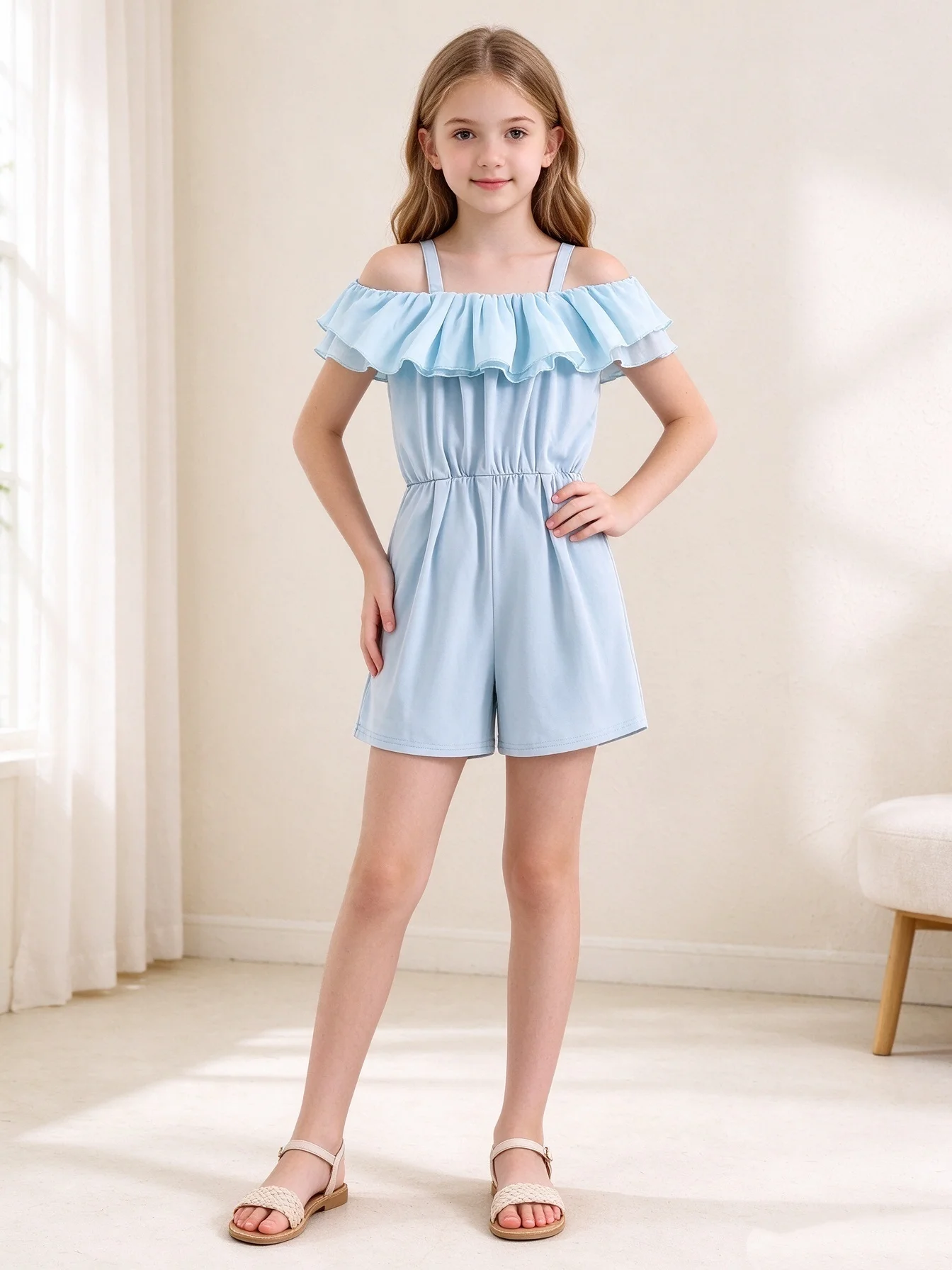 Girls' Ruffle Edge Jumpsuit Shorts With Off Shoulder Straight Collar Thin Suspender Waist Cinched Wide Leg Jumpsuit Shorts