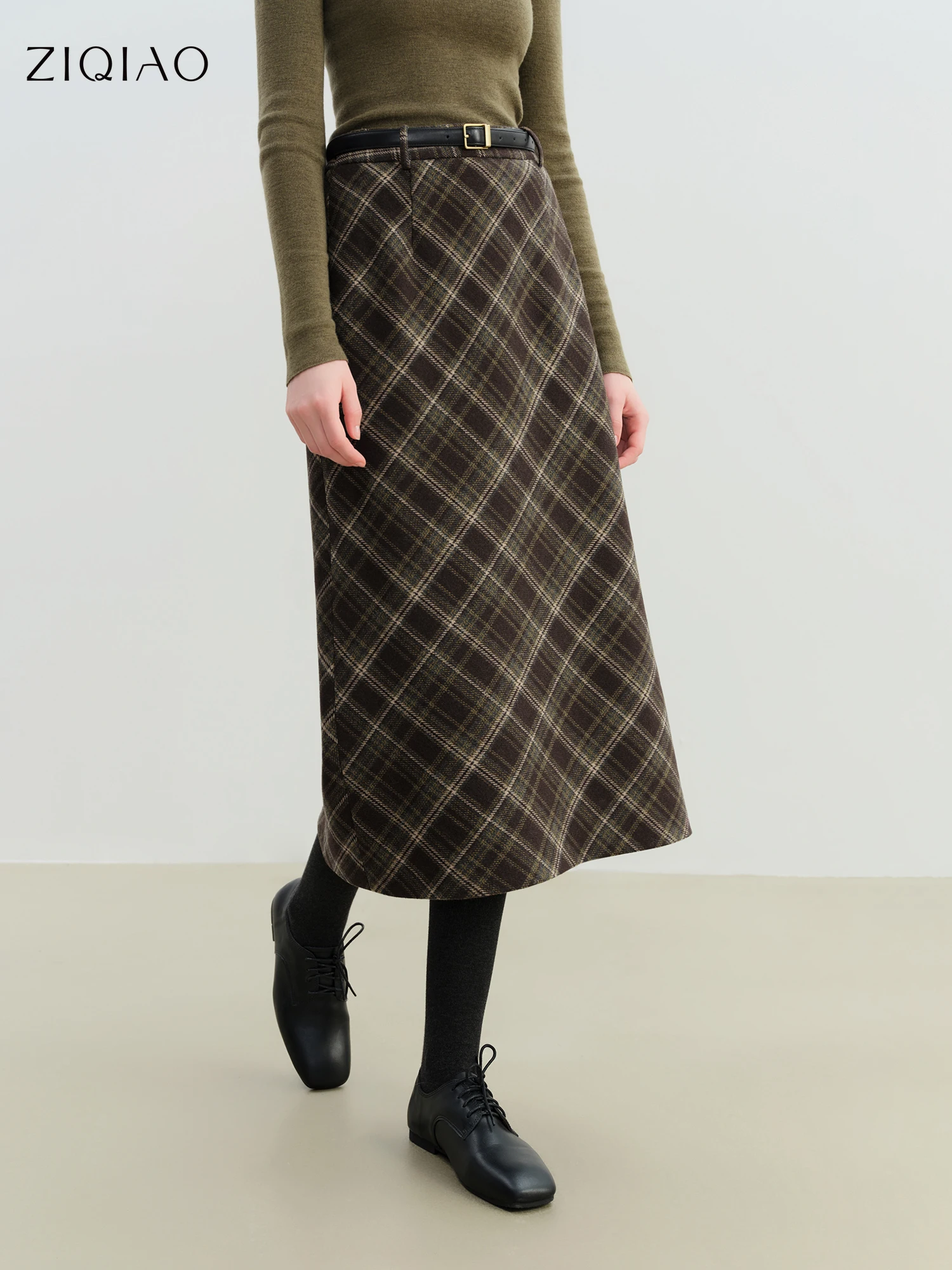 ZIQIAO 2025 Autumn Winter Women's Retro Plaid Straight Skirt - Mid-Length Wool Blend Midi Skirt for Casual and Elegant Wear