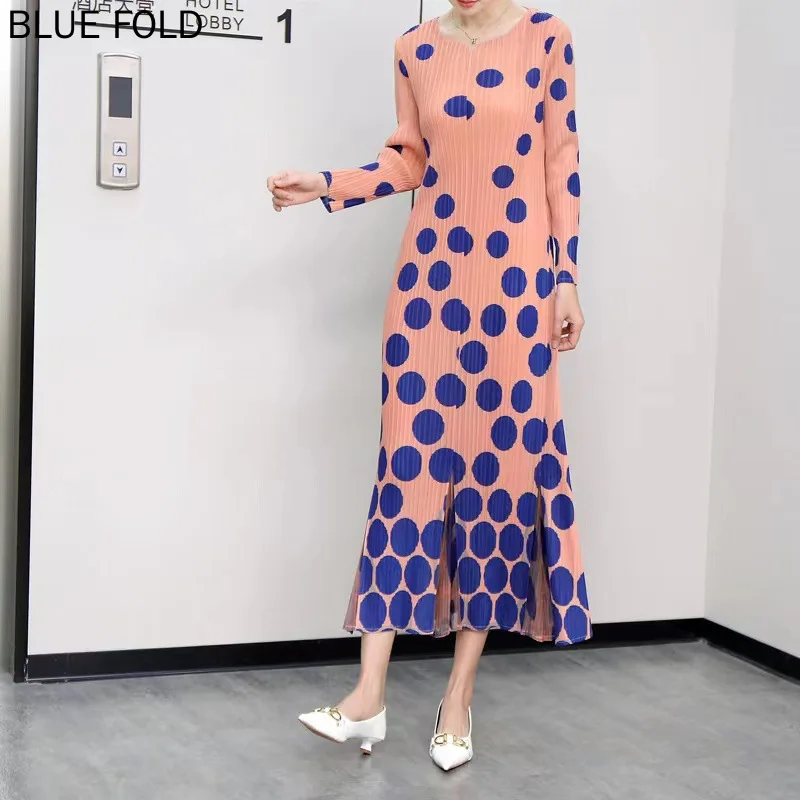 

MIYAKE-Pleated Dress Women European American Pullover Elegant Slim Fit Age Reducing Hem Slit Wave Dot Print Temperament Dress