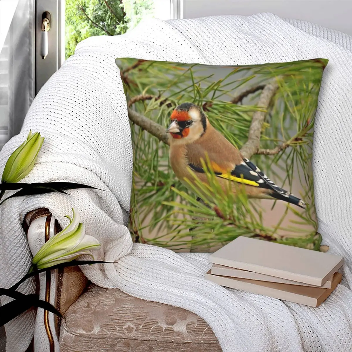European Goldfinch Perched On Branch Pillowcase Polyester Linen Velvet Pattern Zip Decor Pillow Case Room Cushion Cover