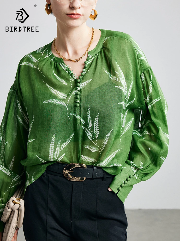 

BirdTree-100%Ramie Elegant Shirt, Long Sleeve O Neck Printed, Women Casual Breathable Loose Blouse, 2026 Spring New T63929CC