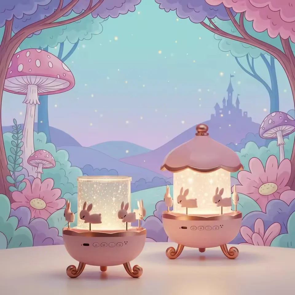 

Carousel Projector Night Light with Bluetooth Speaker, 21 Films 360° Rotate Aambient Lamp & USB Charging for Kids Room Decor