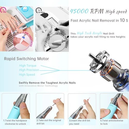 Imagen 2 del producto Taladro de uñas de 45000 RPM, velocidad ajustable, taladro eléctrico recargable de 4000 mAh, lijadora de uñas con pantalla LED para pulido de Gel