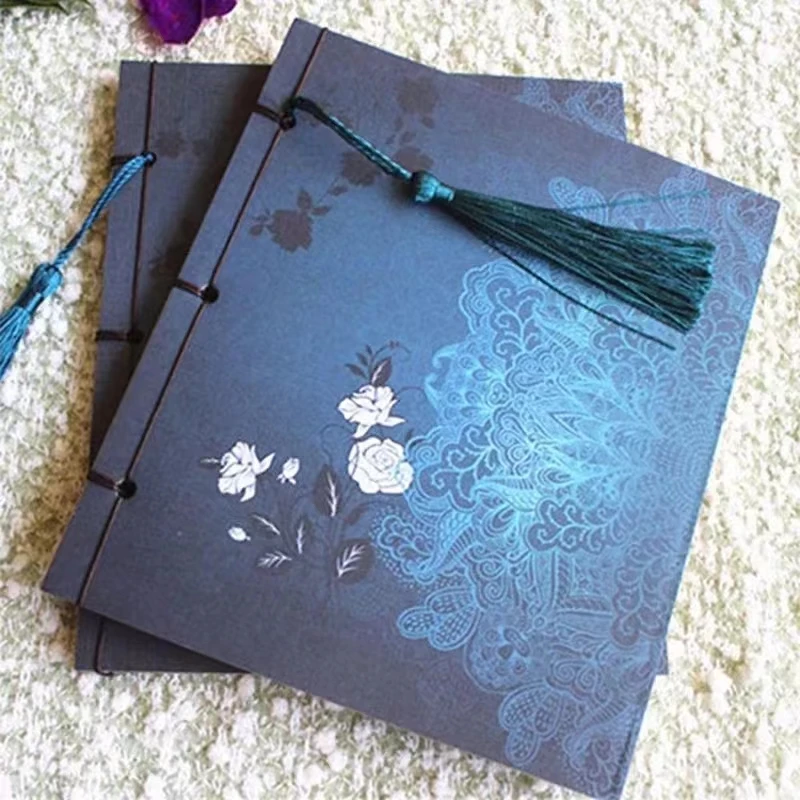 Cuaderno de diario de estilo chino, cuaderno de boceto de flores Retro, papelería de borla, rosa azul, cuaderno en blanco