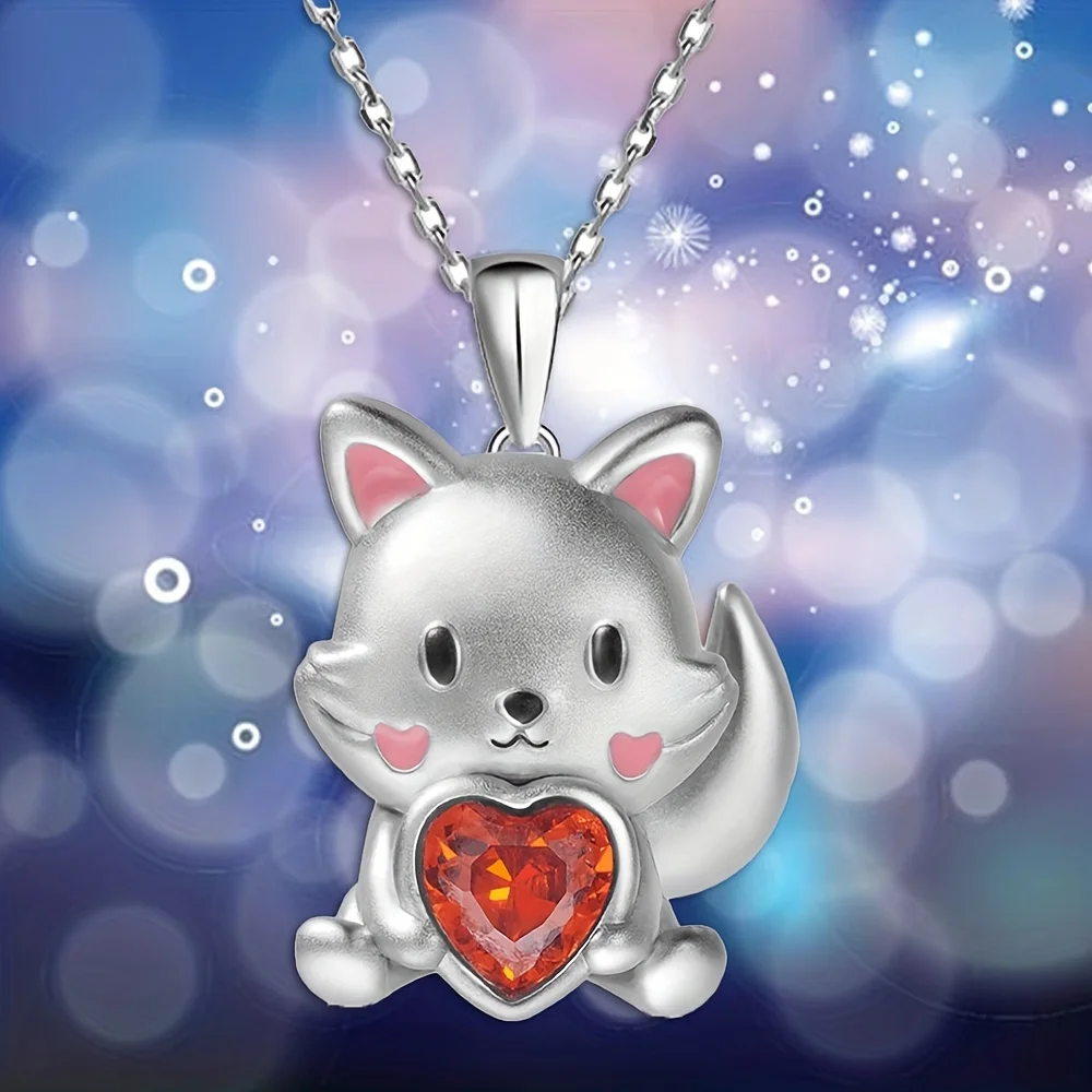 Fashionable Cute Cartoon Fox Hug Exquisite Love Heart Crystal Pendant Necklace for Women Necklace Perfect Gift for Girls Women