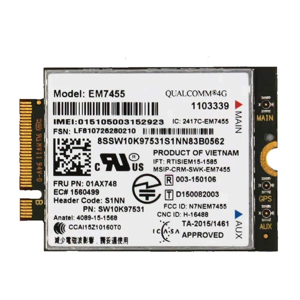 

Модуль 4G LTE CAT6 EM7455 FRU 01AX748 для ноутбуков T460, T470, T560, T570, L460, P40, P50, P51, P70, P71, X1 Carbono 5-го поколения
