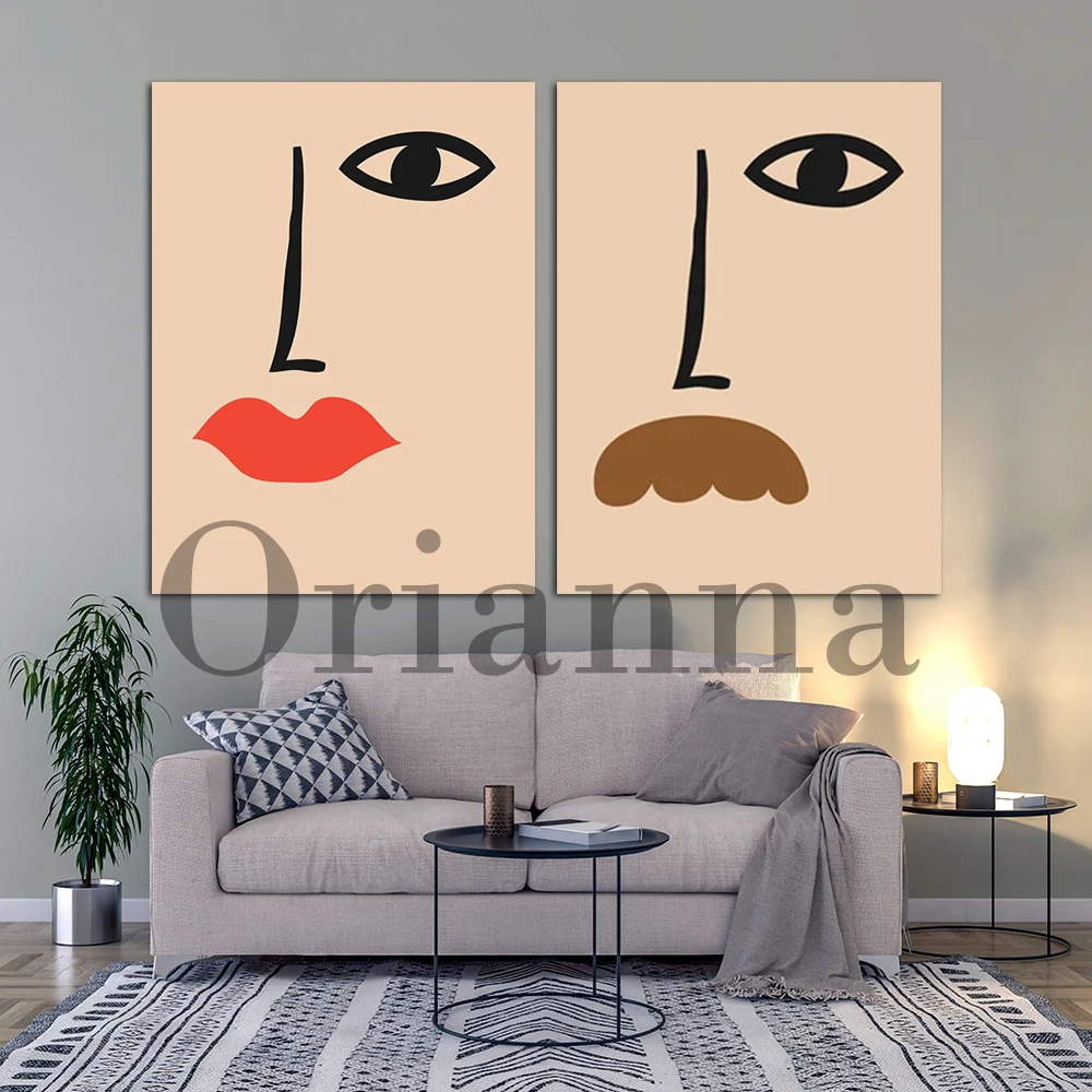 Woman Abstract Face Red Lips Mustache Printable Illustration Minimalism Prints Posters Boho Modern Home Living Room Decor Gift