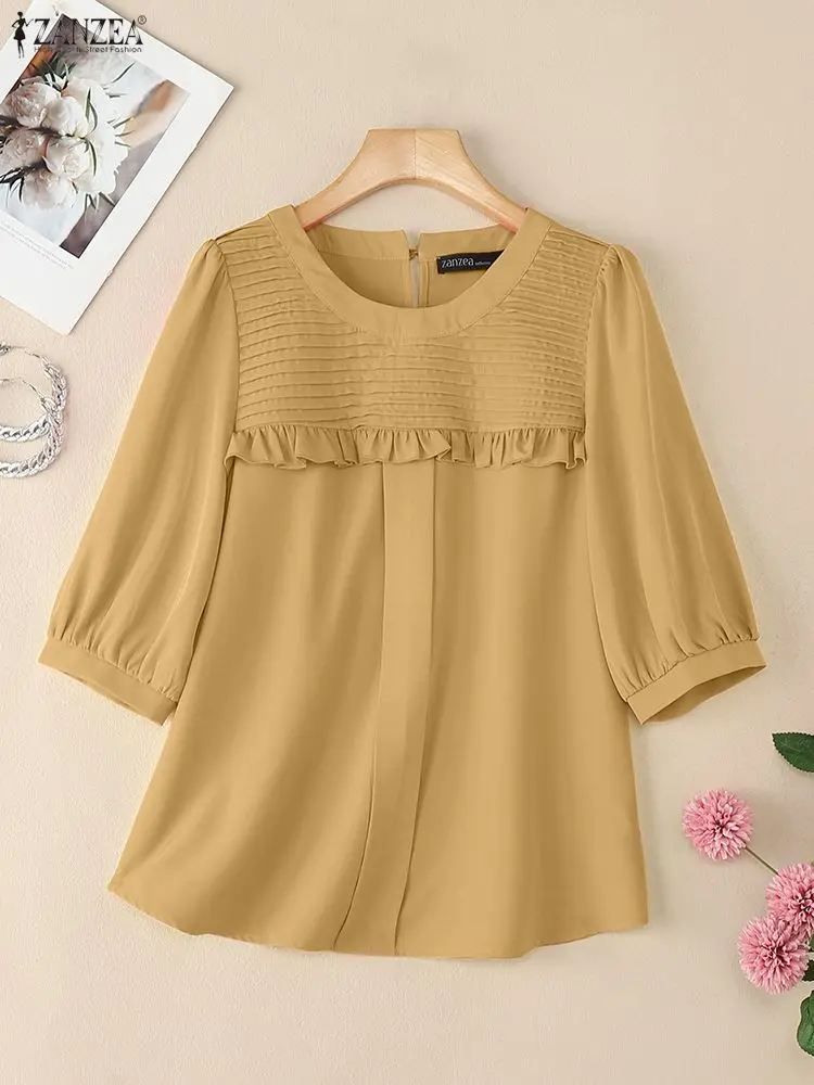 

ZANZEA 2022, женская блузка, модная летняя офисная рубашка с рукавом 3/4, элегантные плиссированные топы с круглым вырезом, женская свободная сорочка Mujer, оверсайз