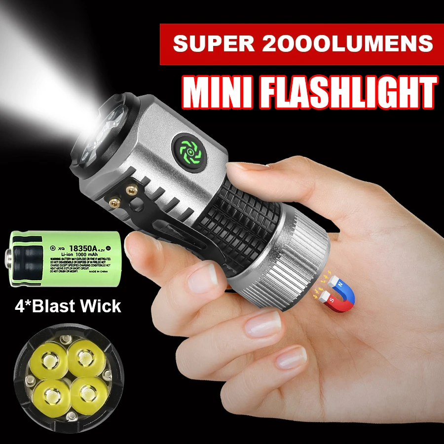 Mini LED Strong light Flashlight 4*SST20 Pocket Torch With Tail Magnet Use 18350 Battery USB Rechargeable Outdoor Emergency Lamp