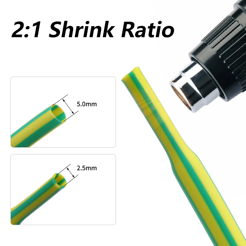 2:1 Heat Shrink Tube Yellow-Green 1-50mm PE Insulation Shrink Tubing Cable Wire Repair Electrical Connection Heat Shrink Sleeve