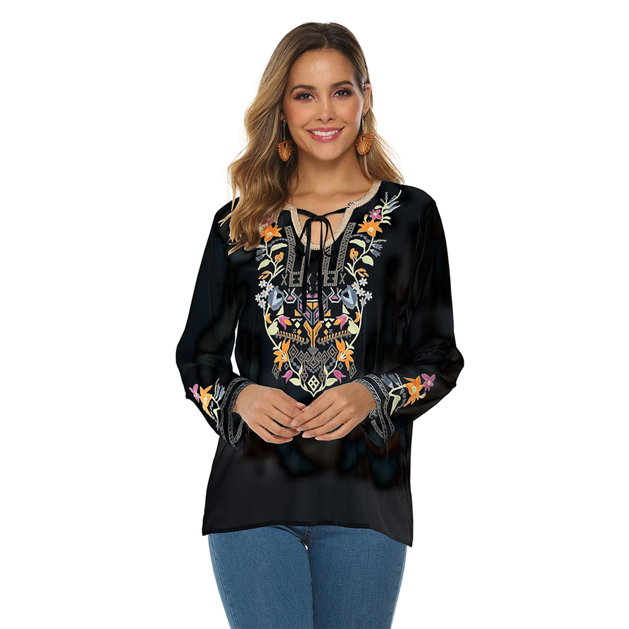 Eaeovni White Floral Embroidery Blouses Shirt Women Cotton Boho Mexican Shirt Long Sleeve Shirt