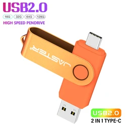 TYPE-C USB Stick 128GB 360° Rotate Freely Mini Pen Drive 64GB Free Custom Logo USB Flash Drives 32GB 2IN1 Metal Pendrive 16GB