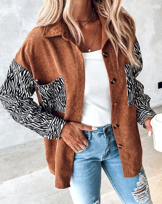 Women's Jacket Tops Casual Turn-down Collar Long Sleeve Colorblock Zebra Stripe Print Button Pocket Design Corduroy Shacket