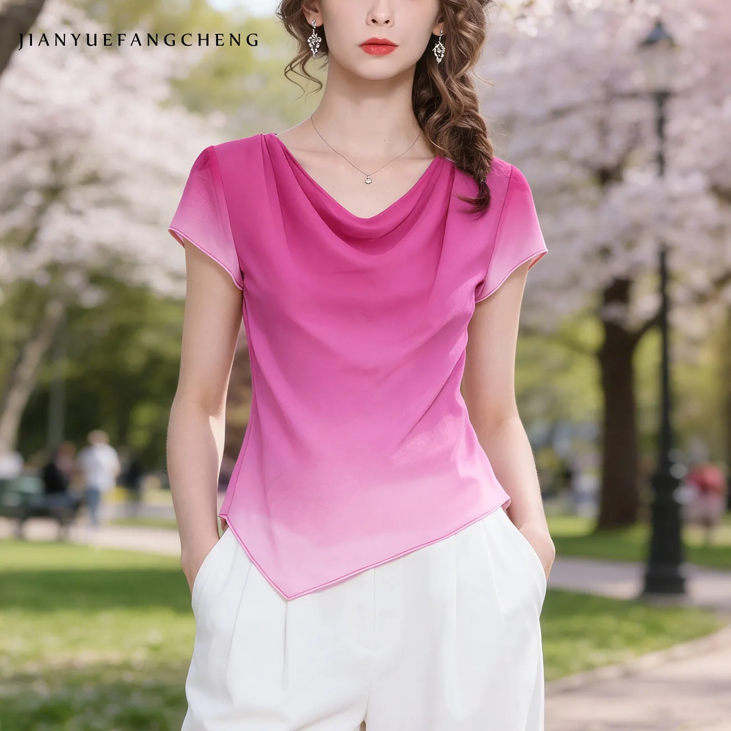 Women' Summer Short Sleeve Gradient color Chiffon Top Fashion Lightweight Breathable V-neck Female Casual Blouses Shirt