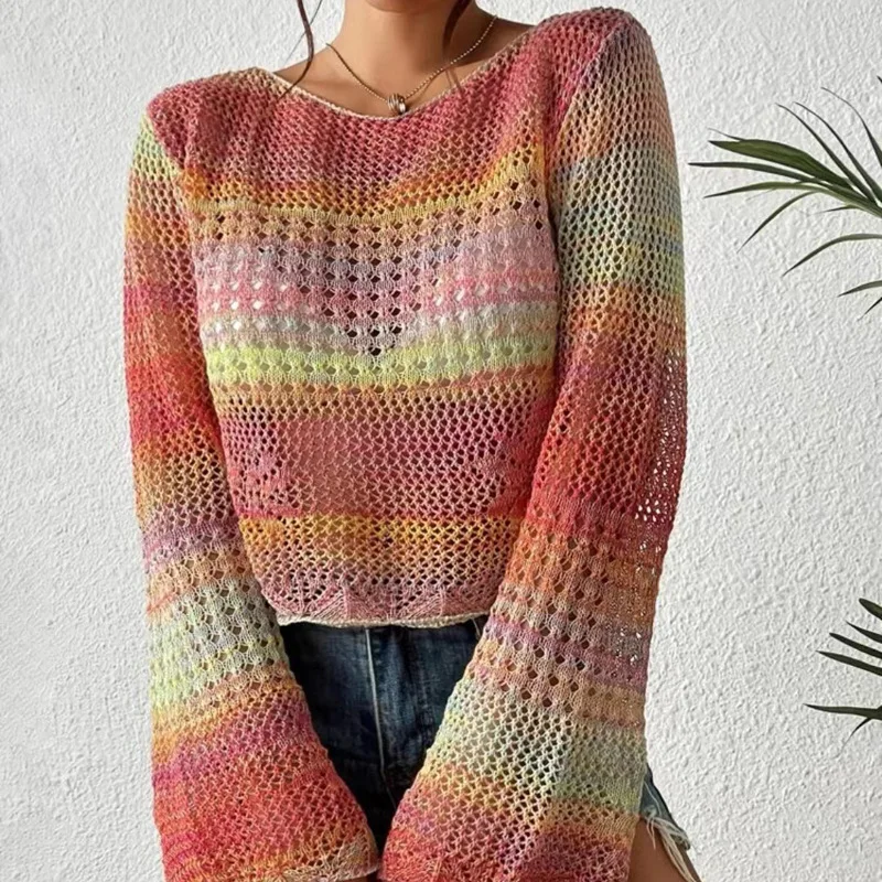 Women's Knitted Sweater Rainbow Sweater Contrasting Color Round Neck Pullover Flared Sleeve Hollow Sweater 2024 Autumn