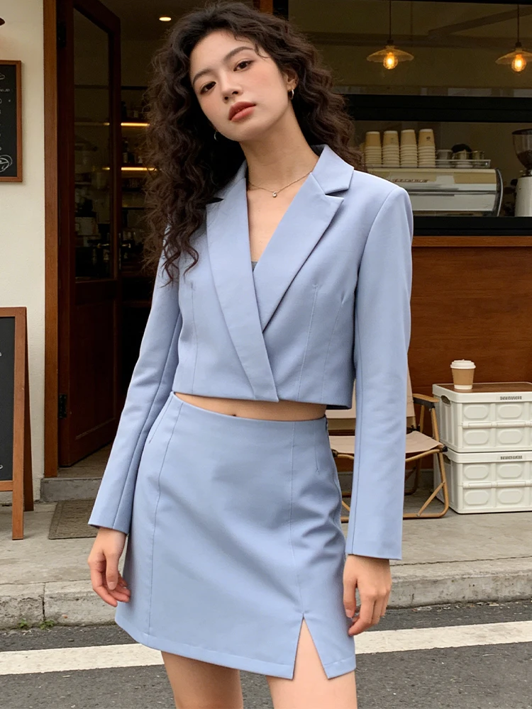 

SLTNX Women's Short Suit Jacket + Mini Skirt Blue Top Beige Cotton Casual Outfit Street Style Spring Summer Comfortable Fashion