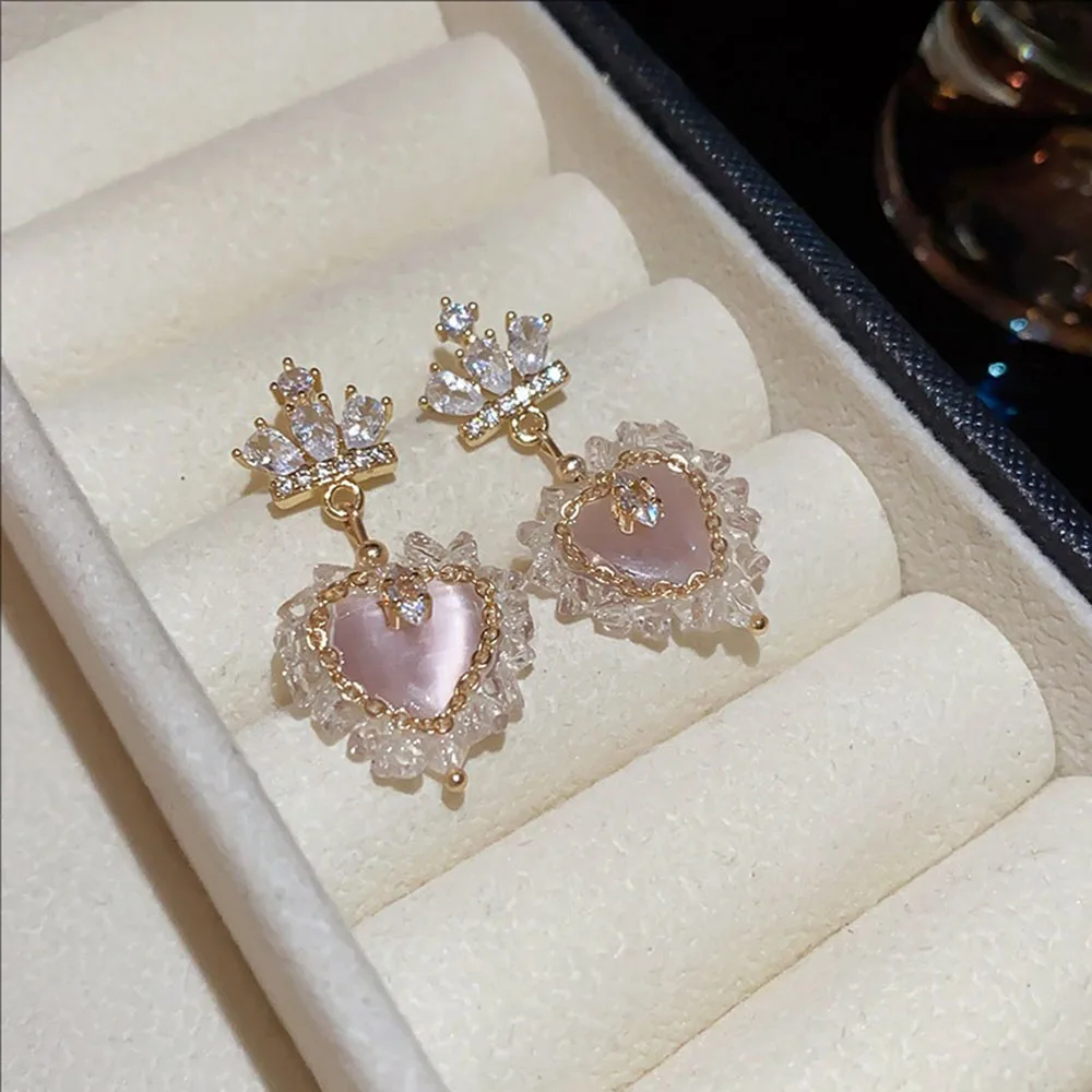 

Real Golden Electroplated Silvery Needle Crown Heart-shaped Stud Earrings French High-end Elegant Jewelry For Women