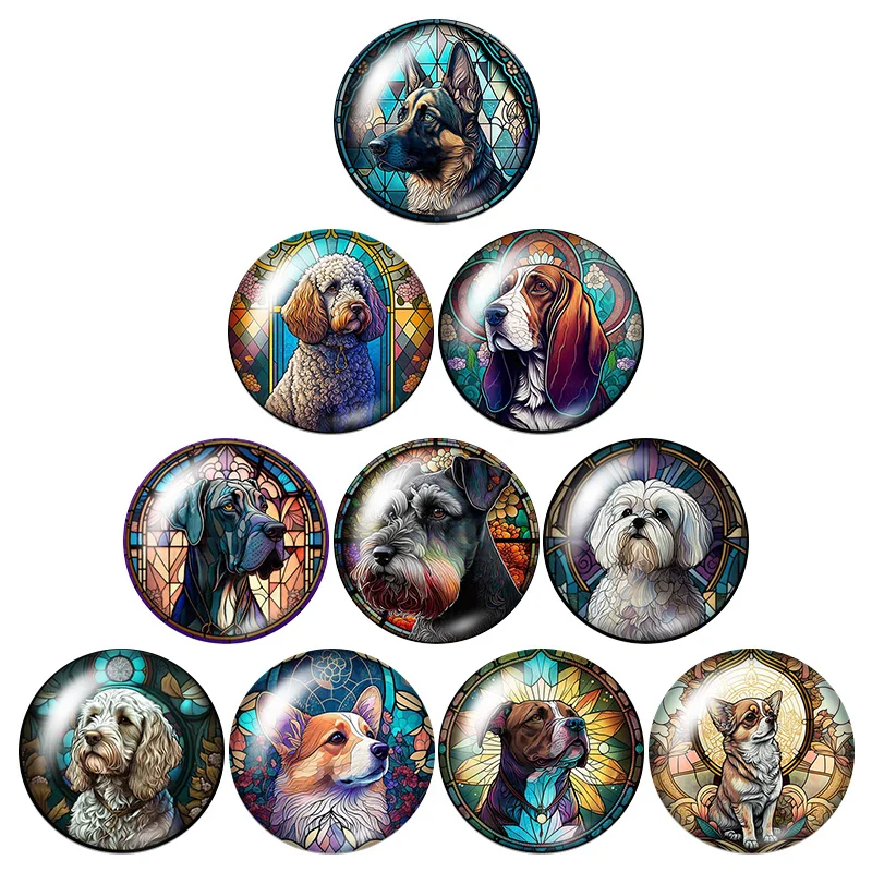 Colored Reflective Glass Dog Retro Pet 12mm/18mm/20mm/25mm Round Photo Glass Cabochon Flat Back Making Findings DIY Snap Buttons