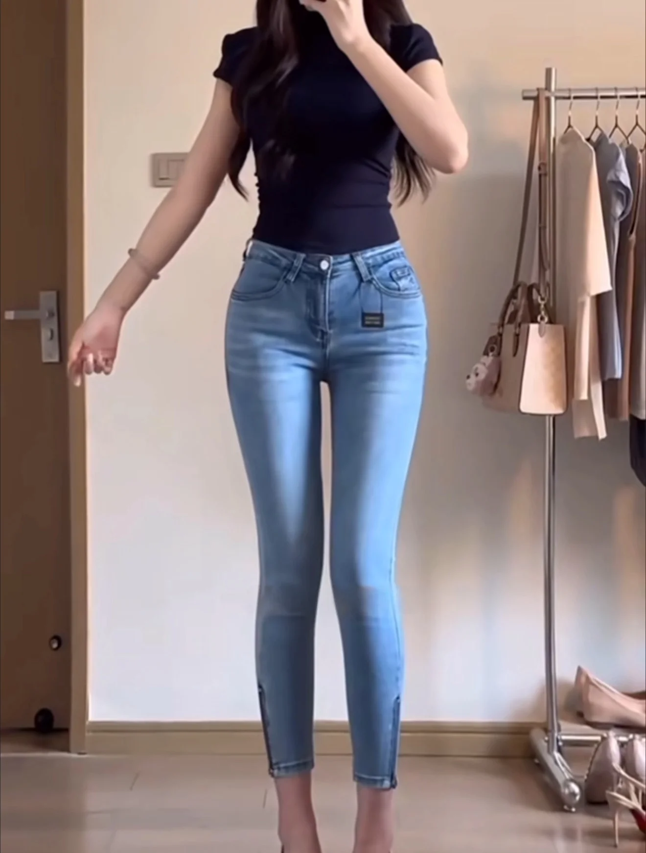 

Spring 2025 High Waist Slimming Skinny Jeans Women's Nine-Piece Pencil Pants Casual Sle High Waist Blue Denim Trousers