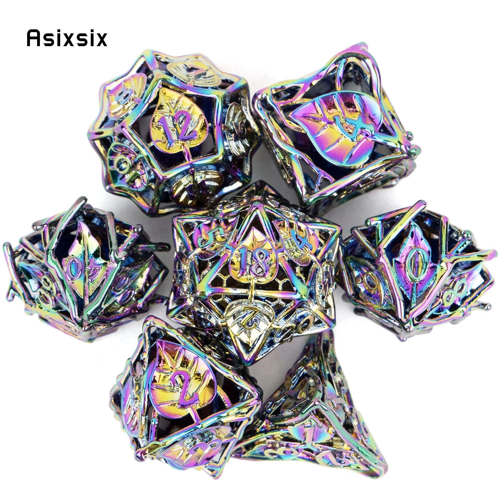 

Набор из 7 разноцветных металлических кубиков с вырезанными узорами в виде листьев и цветов, идеально подходят для карточных и настольных игр, таких как Critical Role, RPG, D&D.